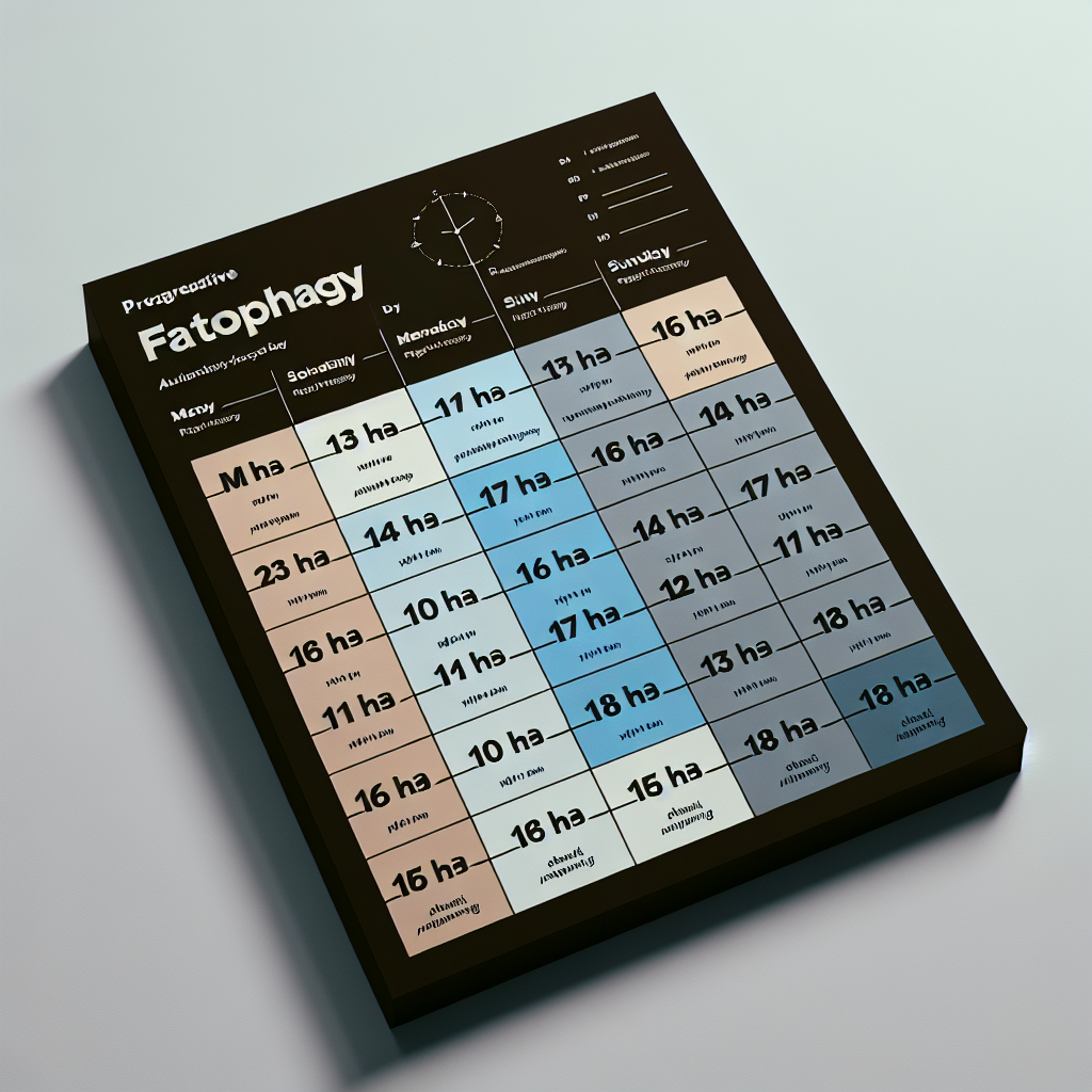 Calendar view of a sample 7-day autophagy-focused fasting plan with gradual progression from 14 to 18 hour fasting windows