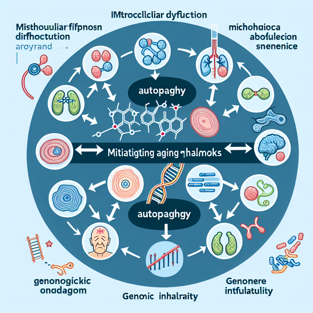 Chart linking autophagy to aging hallmarks: mitochondrial dysfunction, cellular senescence, genomic instability, telomere attrition
