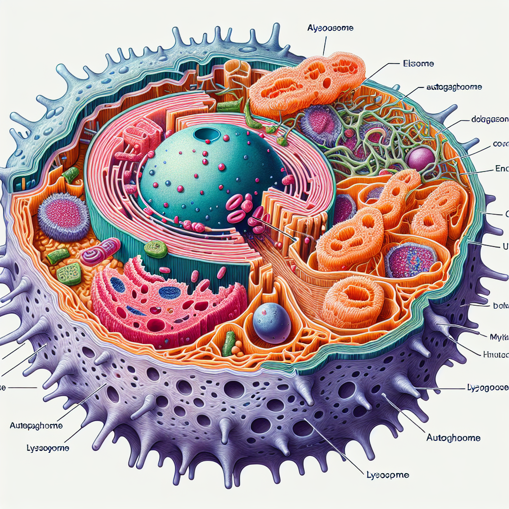 Autophagy process illustration showing lysosome engulfing damaged cellular components