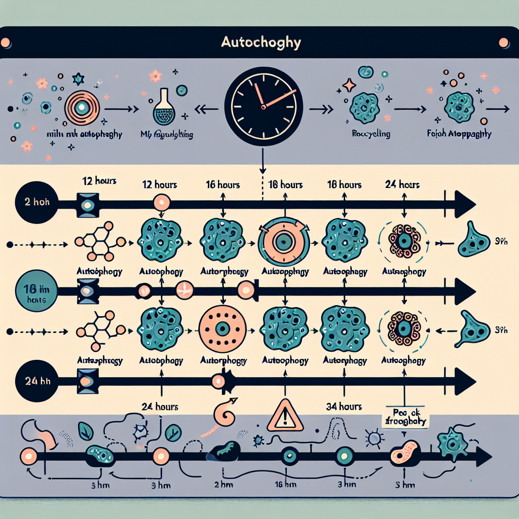 Timeline infographic showing autophagy activation at 12, 16, 18, 24, 36 hours of fasting