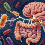 Futuristic human gut microbiome with glowing networks to brain, symbolizing personalized nutrition and scientific breakthroughs