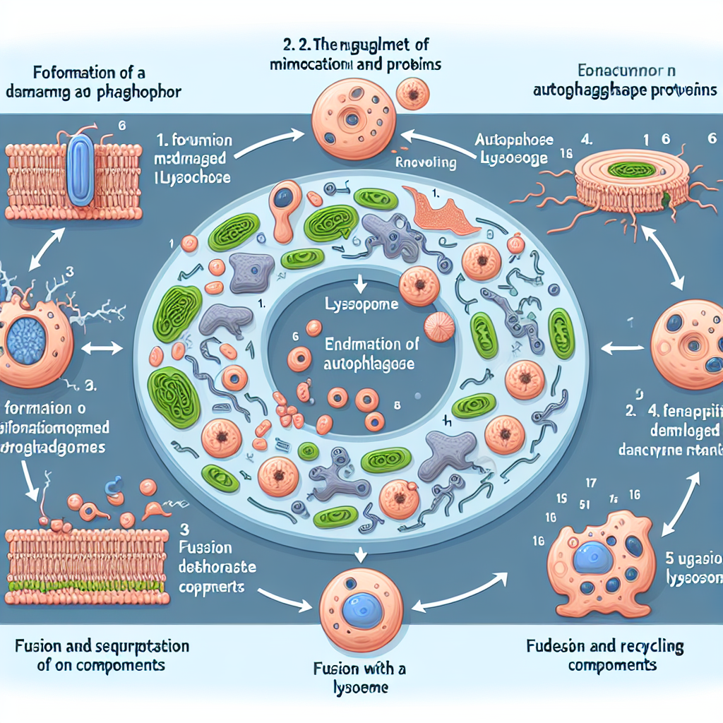 Scientific diagram of autophagy process showing phagophore formation, engulfment of damaged mitochondria, autophagosome formation, fusion with lysosome, degradation and recycling