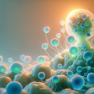 Abstract bioluminescent visualization of cells regenerating and repairing in blue and green tones