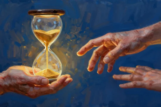 Cellular rejuvenation hands and hourglass in Philip Sue painterly style