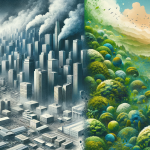 Abstract illustration contrasting polluted urban and clean natural environments and their impact on aging