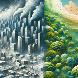 Abstract illustration contrasting polluted urban and clean natural environments and their impact on aging