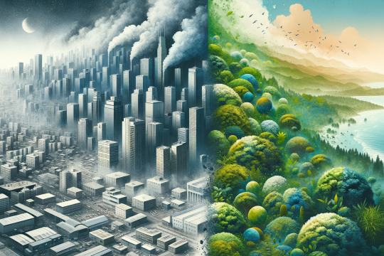 Abstract illustration contrasting polluted urban and clean natural environments and their impact on aging