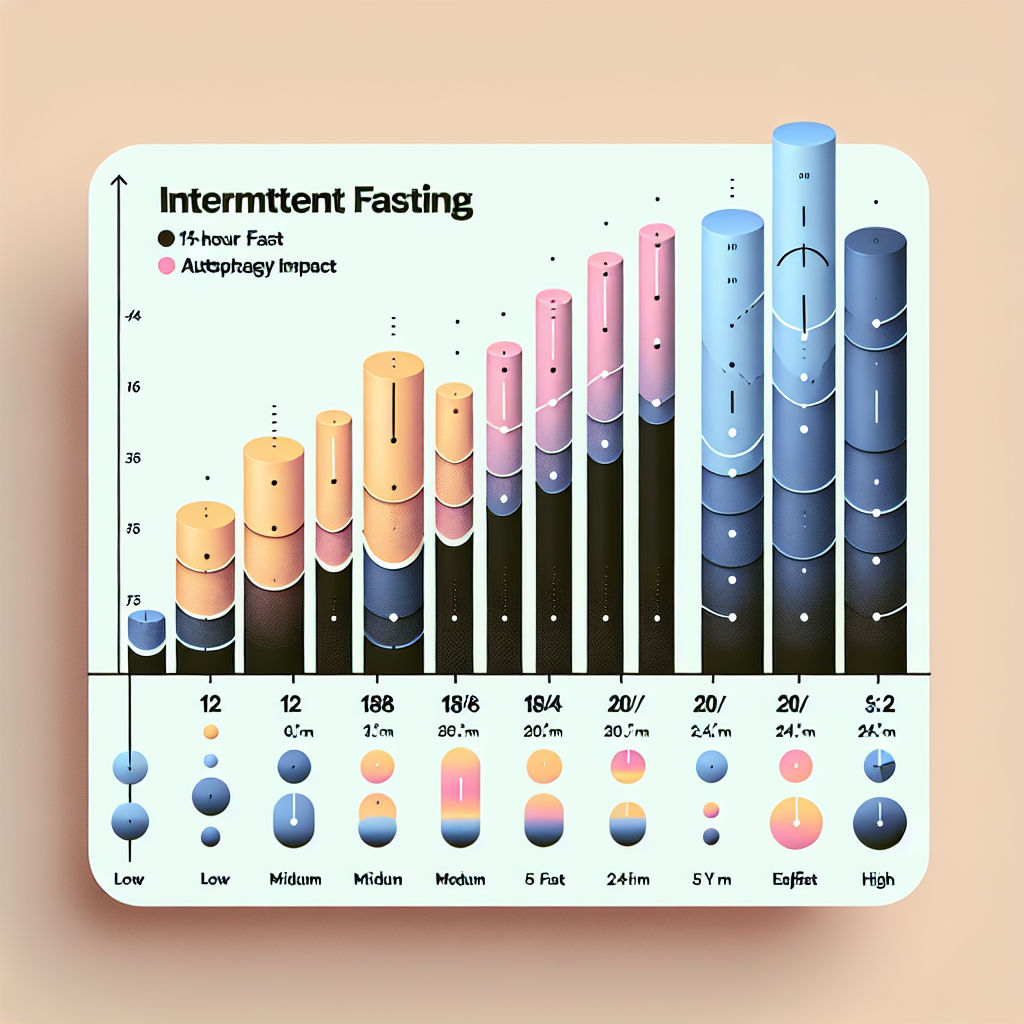 Bar chart comparing intermittent fasting protocols (12h, 16/8, 18/6, 20/4, 24h, 5:2) and their autophagy impact