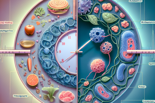 Illustration comparing eating window and fasting window triggering autophagy cellular cleaning process