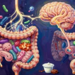 Concept art painting of the gut-brain axis connection, colorful microbiome bacteria in intestines connected by neural pathways to a glowing brain, Philip Sue Art Style