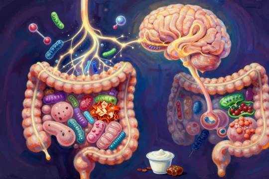 Concept art painting of the gut-brain axis connection, colorful microbiome bacteria in intestines connected by neural pathways to a glowing brain, Philip Sue Art Style