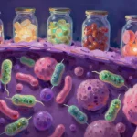 Gut microbiome probiotics cross-section in Philip Sue digital art style