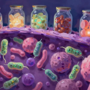 Gut microbiome probiotics cross-section in Philip Sue digital art style