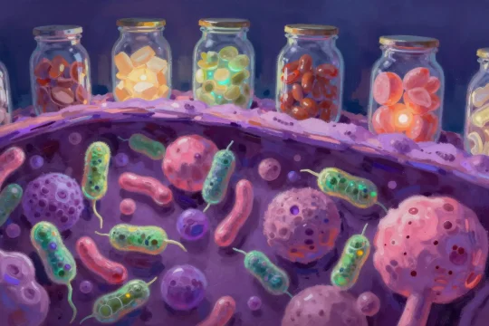 Gut microbiome probiotics cross-section in Philip Sue digital art style