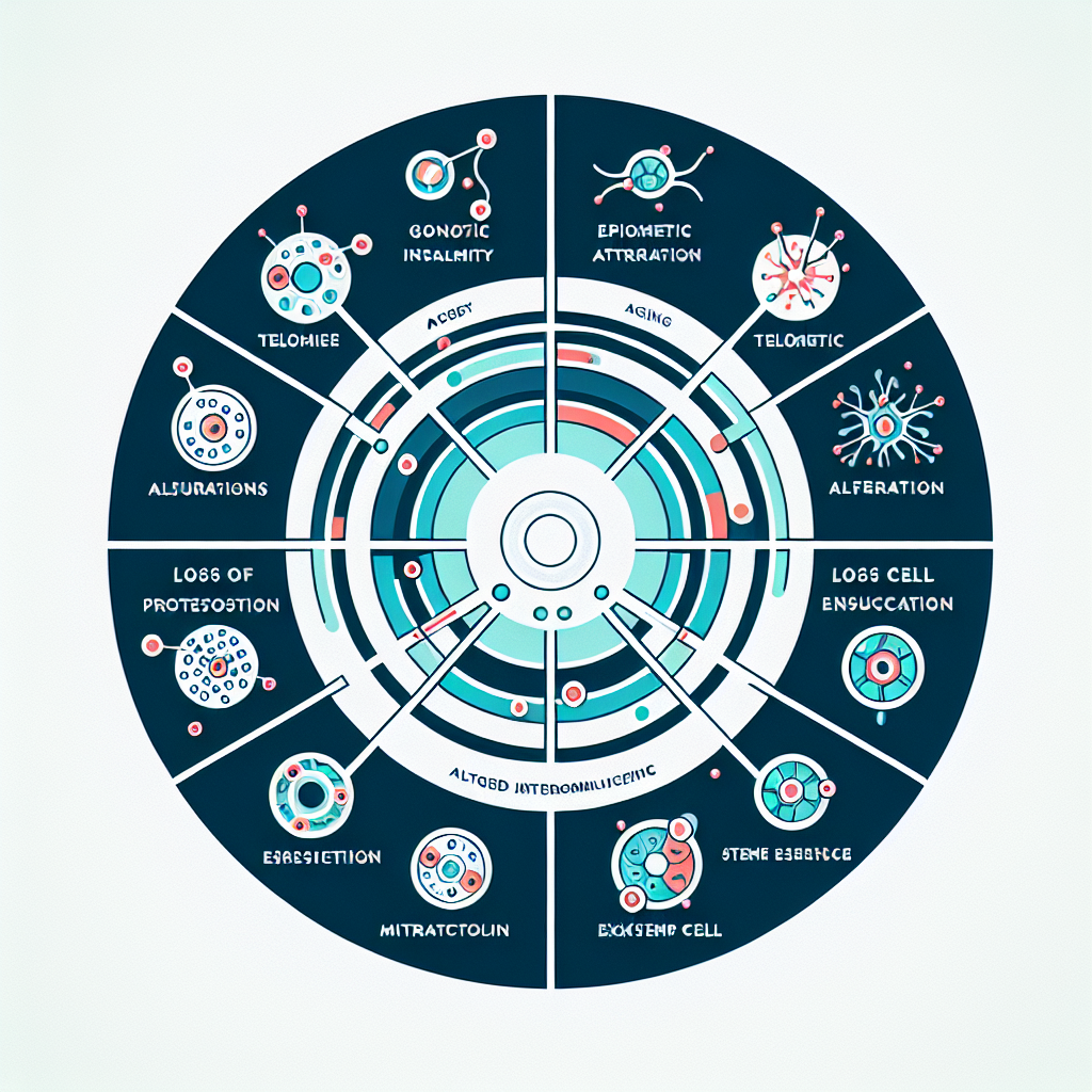 Hallmarks of aging infographic showing twelve interconnected biological processes driving aging