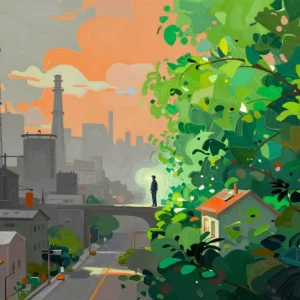 Pollution vs clean environment lifespan contrast in Philip Sue style