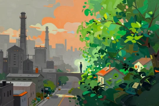 Pollution vs clean environment lifespan contrast in Philip Sue style