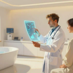 Longevity clinic with holographic health data in Philip Sue art style