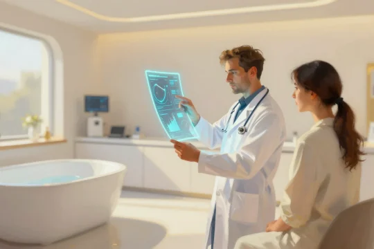 Longevity clinic with holographic health data in Philip Sue art style
