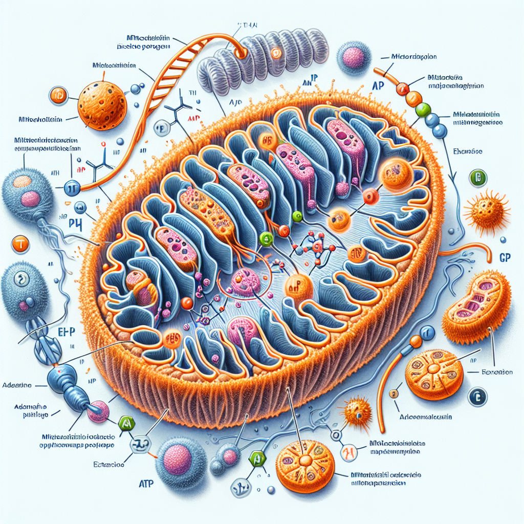 Mitochondrial biogenesis diagram showing fission, fusion, and ATP production