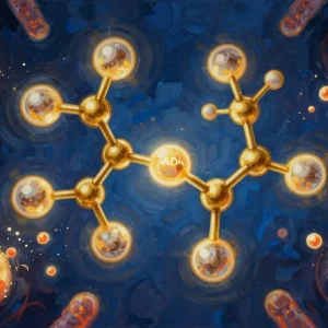 NAD+ molecule and mitochondria in Philip Sue digital painting style