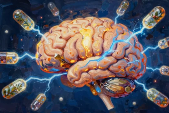 Brain with nootropic compounds and synaptic lightning in Philip Sue style