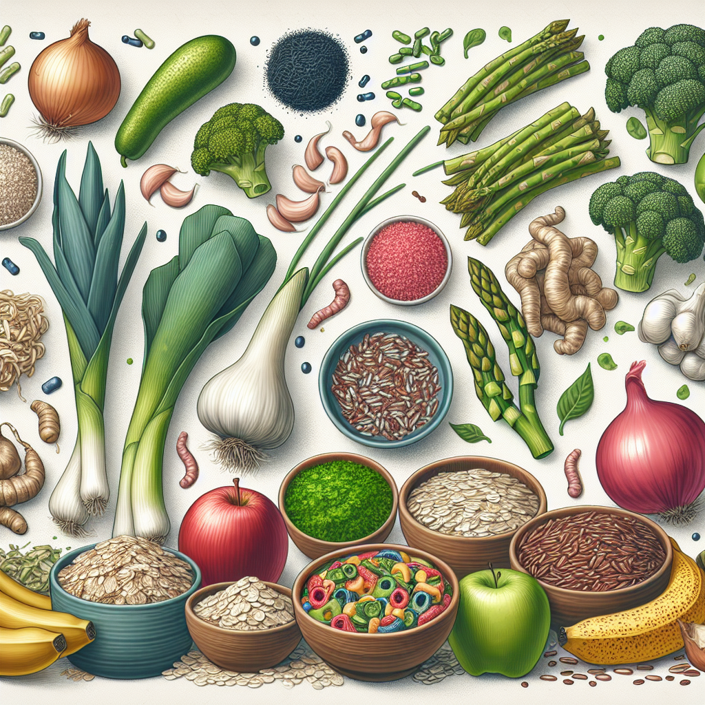 Collage of prebiotic‑rich foods: garlic, onions, asparagus, bananas, legumes