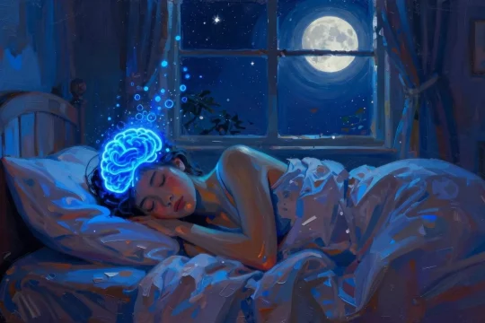 Sleeping person with glowing brain under moonlight in Philip Sue style