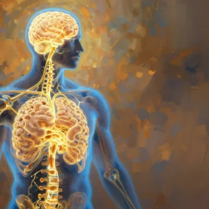 Gut-brain axis with glowing neural pathways in Philip Sue art style