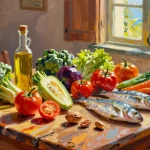 Mediterranean longevity diet spread in Philip Sue painterly style