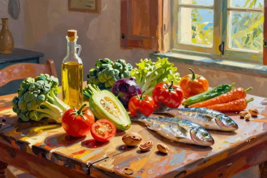 Mediterranean longevity diet spread in Philip Sue painterly style