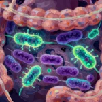 Gut microbiome bioluminescent bacteria in Philip Sue painterly style