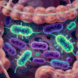 Gut microbiome bioluminescent bacteria in Philip Sue painterly style