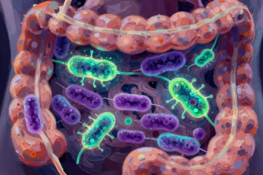 Gut microbiome bioluminescent bacteria in Philip Sue painterly style