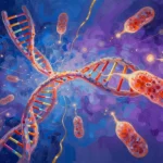 Abstract digital painting depicting a swirling double-helix DNA structure, glowing NAD+ molecules, and vibrant mitochondria, rendered with bold brushstrokes and vivid colors.