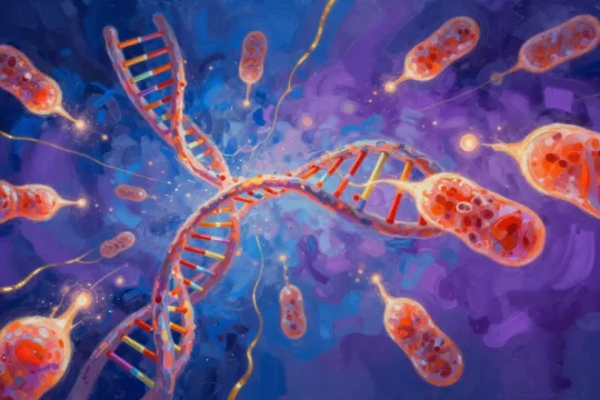 Abstract digital painting depicting a swirling double-helix DNA structure, glowing NAD+ molecules, and vibrant mitochondria, rendered with bold brushstrokes and vivid colors.