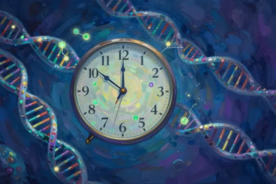 A central, intricate DNA helix structure, vividly glowing with subtle, colored epigenetic tags and switches along its strands. Around the helix, stylized NAD+ molecules emit a golden, vibrant energy, intertwining with the DNA. Abstract representations of healthy lifestyle elements, such as green leaves for diet and dynamic streaks of light for exercise, subtly influence the helix.