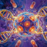 Glowing human cell with mitochondria in Philip Sue digital painting style