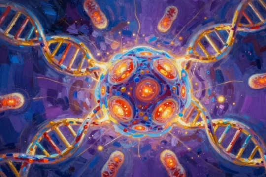 Glowing human cell with mitochondria in Philip Sue digital painting style