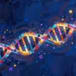 DNA helix with glowing epigenetic markers in Philip Sue art style