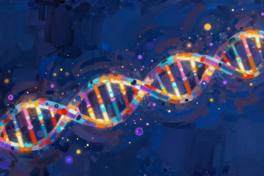 DNA helix with glowing epigenetic markers in Philip Sue art style