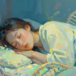 Person sleeping peacefully with clock and cellular structures representing healthy sleep and biological repair